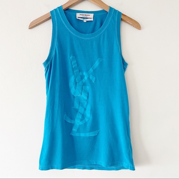 Yves Saint Laurent 1990s YSL Velvet logo-print tank top Teal Blue - Picture 1 of 10